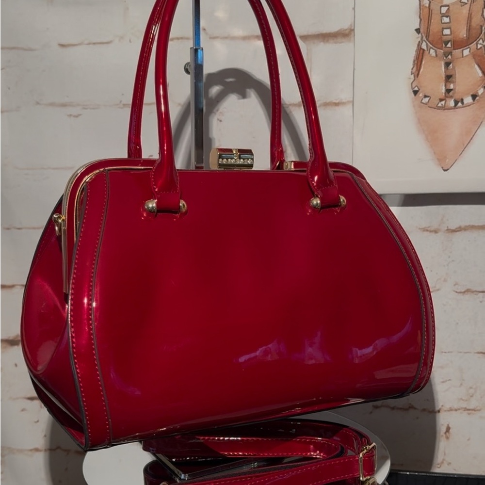 MKF Crossbody Satchel Shoulder Bags Red Patent Faux Leather  EUC